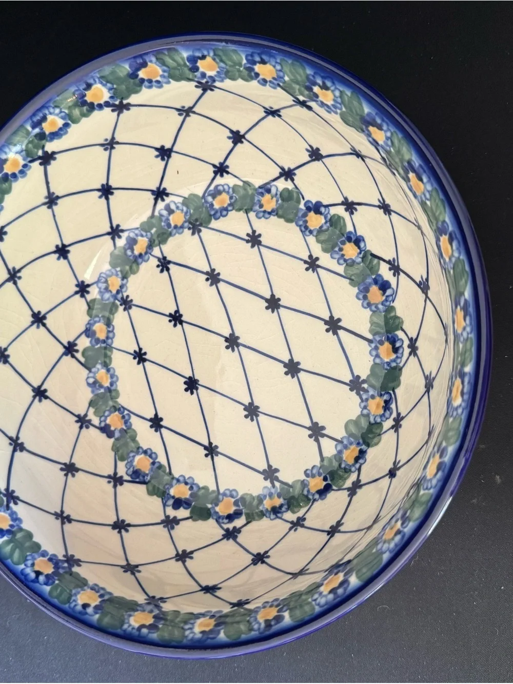 Polish Pottery Blue Floral Lattice Ceramic Serving Bowl Crazing